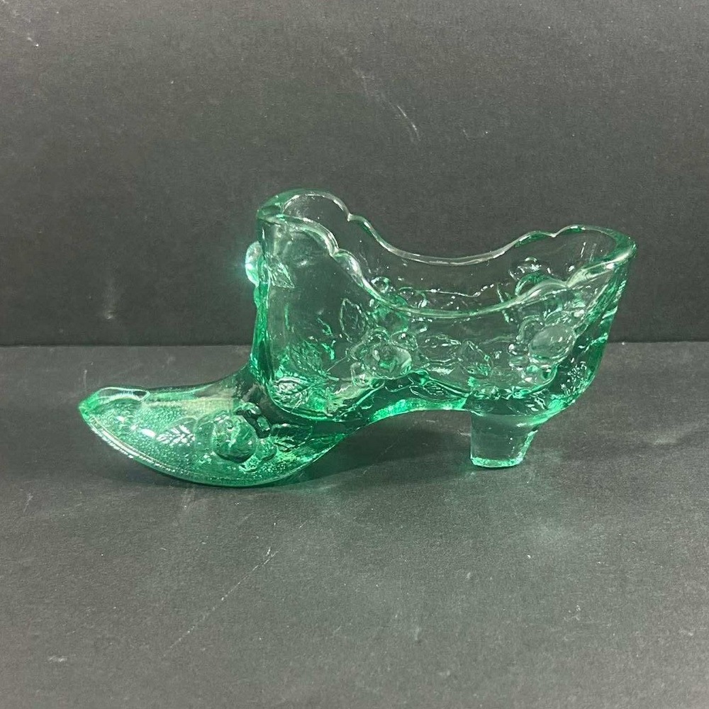Fenton Teal Green Glass Cabbage Rose Shoe Slipper
